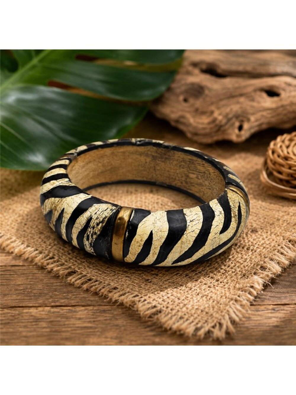 Vintage Zebra Stripe Buffalo Horn Wood Bangle Bracelet Brass Accent 8.5 In Wide
